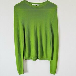 ZARA Green Ribbed Knit Long Sleeve Crew Neck Sweater Top Women- Size Small